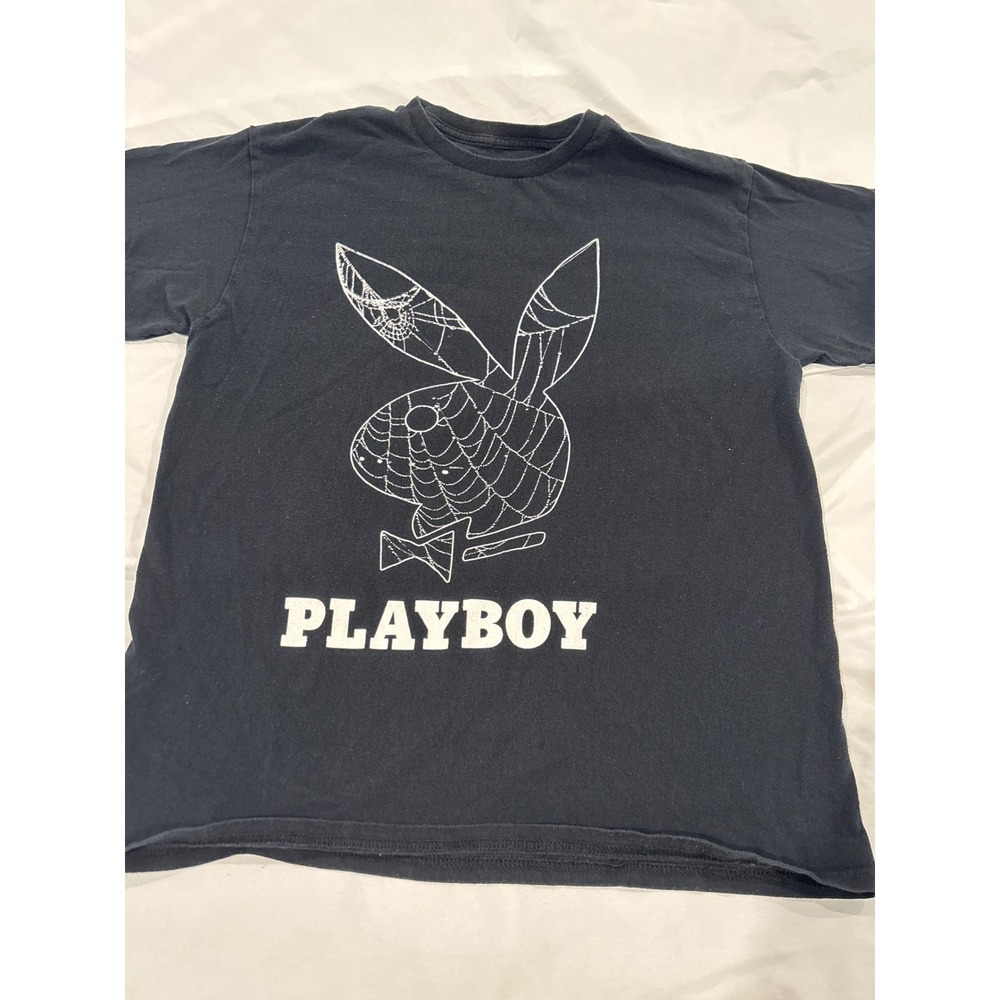 Playboy Spiderweb Bunny Logo Graphic T-Shirt Black Short Sleeve Mens Medium - Picture 1 of 3